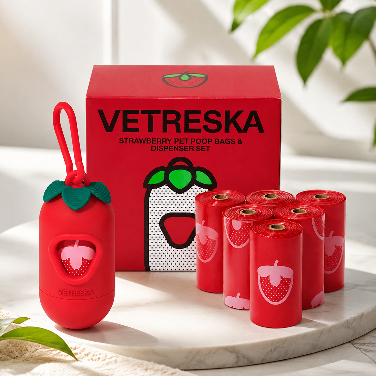 Strawberry Pet Poop Bag Dispenser and Refill Set